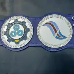 A championship belt designed for team recognition, featuring custom logos and text.