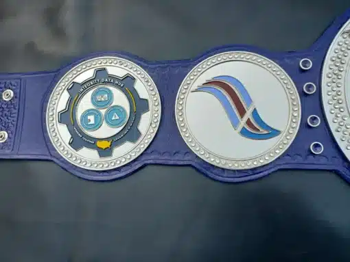 A championship belt designed for team recognition, featuring custom logos and text.