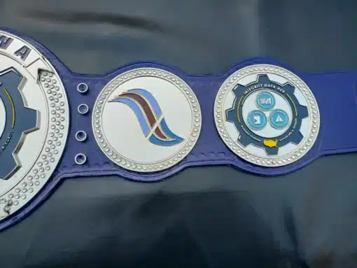 Employee excellence championship belt with intricate designs and corporate customization.