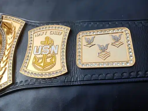 Side plate with Navy Chief USN logo on a gold-plated background with Swarovski-style gems.