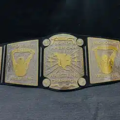 Close-up image of the deeply engraved center plate of the Mid South North American Heavyweight Championship Belt.