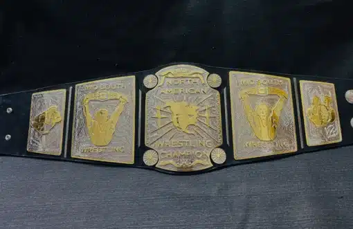 Close-up image of the deeply engraved center plate of the Mid South North American Heavyweight Championship Belt.