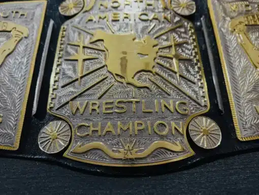 Close-up showing the precision of 5mm thick deep hand-engraved plates on the Mid South North American Heavyweight Title.