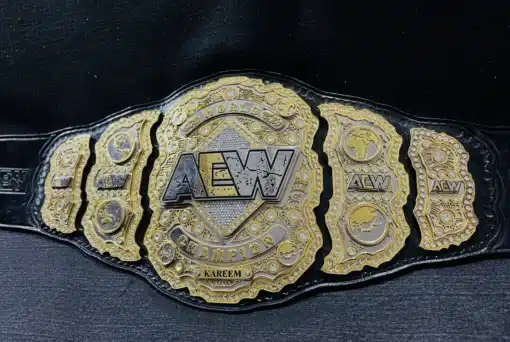 Side view of the AEW World Championship Belt highlighting the multi-layered plates.