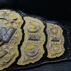 Close-up of the HD-engraved plates on the AEW Replica Belt.