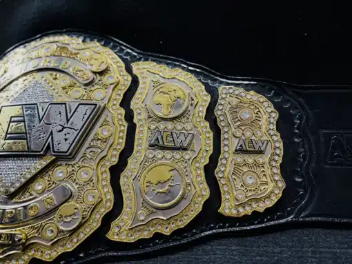 Close-up of the HD-engraved plates on the AEW Replica Belt.