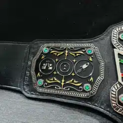 Side plates featuring engraved icons and design details of the Sales Champion Belt.