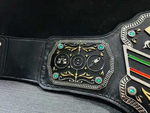 Side plates featuring engraved icons and design details of the Sales Champion Belt.