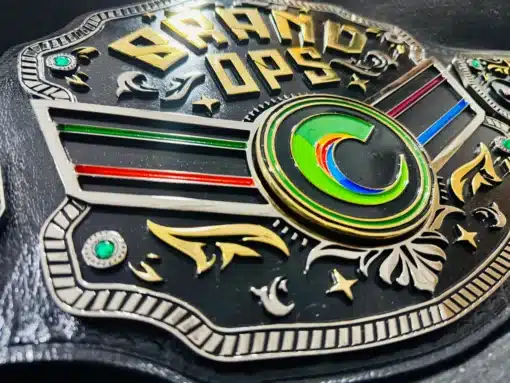 Corporate Sales Champion Belt featuring vibrant brand colors and custom design.