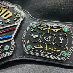 Side plates featuring engraved icons and design details of the Sales Champion Belt.