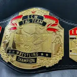 ECW Tag Team replica belt featuring shiny gold plating and intricate engravings