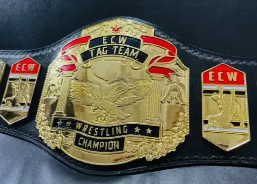 ECW Tag Team replica belt featuring shiny gold plating and intricate engravings