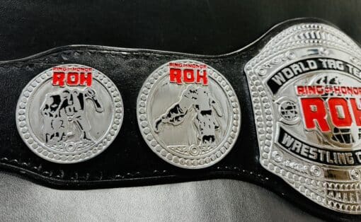 Side view of the new ROH World Championship Belt highlighting multi-layered plates and intricate design.