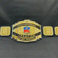 Full view of the Fantasy Football Belt with customizable name plates, featuring gold and chrome plating and a genuine leather strap.