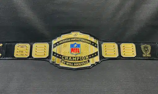 Full view of the Fantasy Football Belt with customizable name plates, featuring gold and chrome plating and a genuine leather strap.