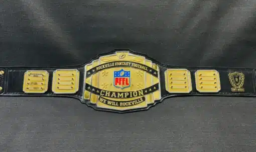 Full view of the Fantasy Football Belt with customizable name plates, featuring gold and chrome plating and a genuine leather strap.