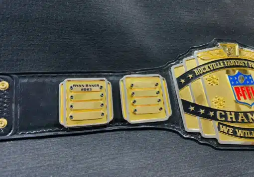 Close-up of the center plate of the Fantasy Football Belt, showcasing intricate HD engravings and custom logo options.