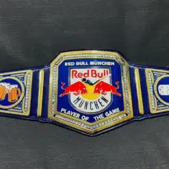 Custom Red Bull München championship belt featuring a TV-accurate WWE-style design with a Red Bull logo centerpiece.