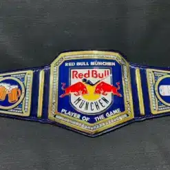 Custom Red Bull München championship belt featuring a TV-accurate WWE-style design with a Red Bull logo centerpiece.