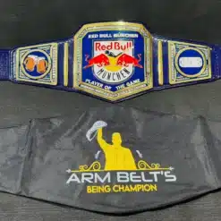 Beer and hockey-themed custom wrestling belt with engraved side plates and Red Bull logo centerpiece.