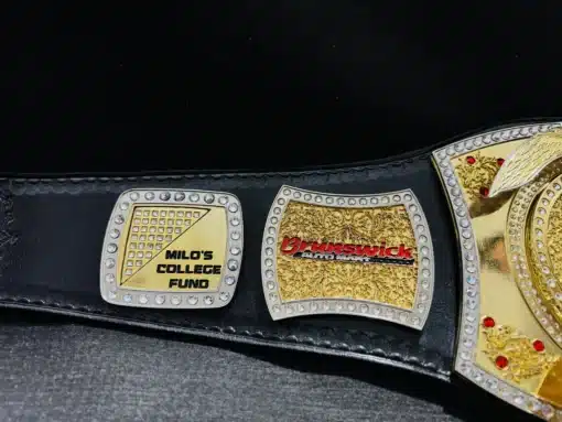 Shiny gold and chrome finish on the fully customizable championship belt.