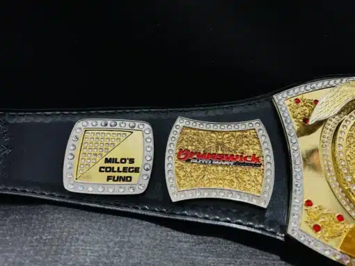 Shiny gold and chrome finish on the fully customizable championship belt.