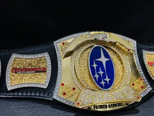 Close-up view of the spinner center plate on the custom John Cena-inspired championship belt.