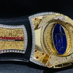 Wrestling belt made with a genuine leather strap, shiny chrome, and gold-plated plates.