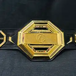 Custom UFC championship belt with polished chrome-plated detailing and a black leather strap