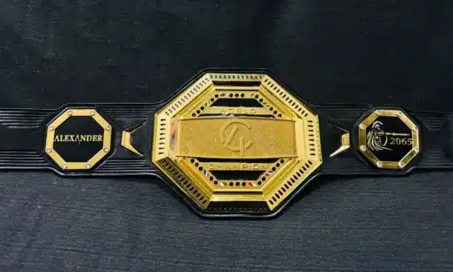 Custom UFC championship belt with polished chrome-plated detailing and a black leather strap