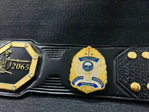 Custom UFC championship belt designed for display or wear, with an authentic leather strap.