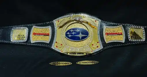 Adult-size custom championship belt with 5mm thick HD engraved plates.