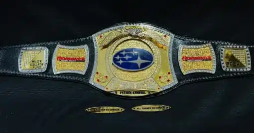 Adult-size custom championship belt with 5mm thick HD engraved plates.