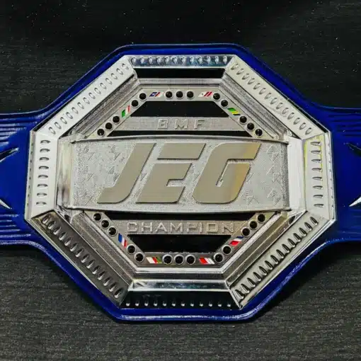 Gold-Chrome- plated custom UFC/BMF championship belt with a black leather strap, fully customizable with text and logos.