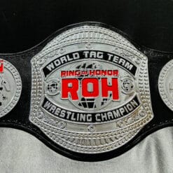 Front view of the ROH World Championship Belt replica with HD-engraved plates and genuine leather strap.