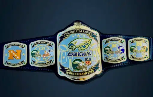 Custom Philadelphia Eagles Fantasy Football Championship Belt with engraved plates and genuine leather strap.