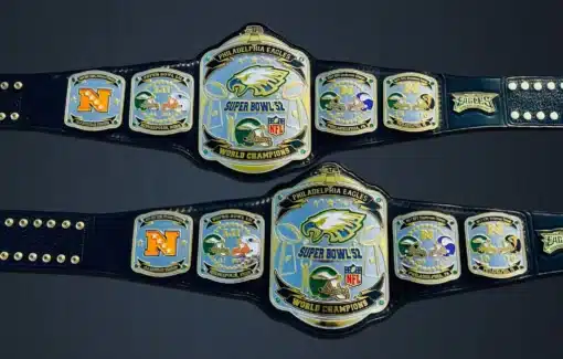 Super Bowl Fantasy Football Championship Belt with Philadelphia Eagles logo and customizable side plates.