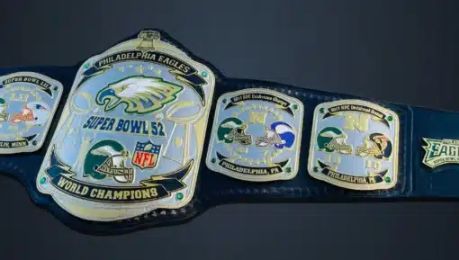 High-quality Philadelphia Eagles-inspired Super Bowl Championship Belt with HD engraving and gemstones.