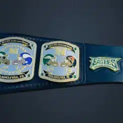 Customizable Super Bowl Championship Belt featuring personalized side plates and league logos.