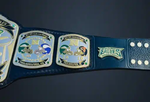 Customizable Super Bowl Championship Belt featuring personalized side plates and league logos.