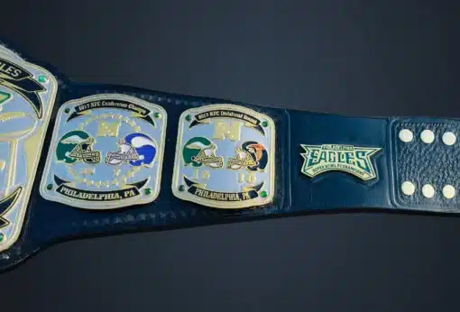 Customizable Super Bowl Championship Belt featuring personalized side plates and league logos.