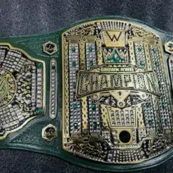 Gold-plated Crown Jewel Championship Belt replica on green leather strap