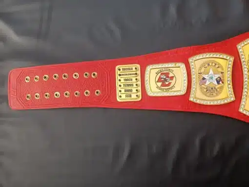 Fully customizable competition award championship belt for school events, crafted with Swarovski gems and genuine leather.