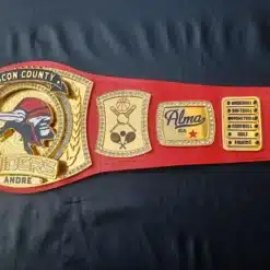 Customizable schools event championship belt with personalized logos, names, and event themes.