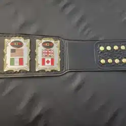 Fully customizable wrestling belt with engraved main and side plates for logos, flags, and event details.