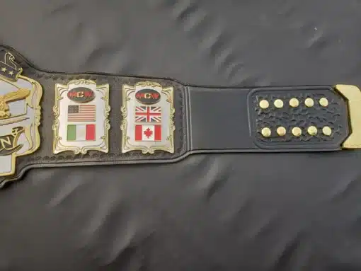 Fully customizable wrestling belt with engraved main and side plates for logos, flags, and event details.