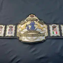 Custom heavyweight wrestling belt made with a high-quality black leather strap