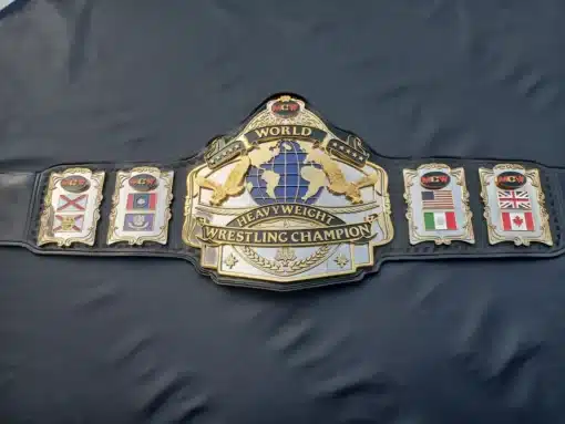 Custom heavyweight wrestling belt made with a high-quality black leather strap