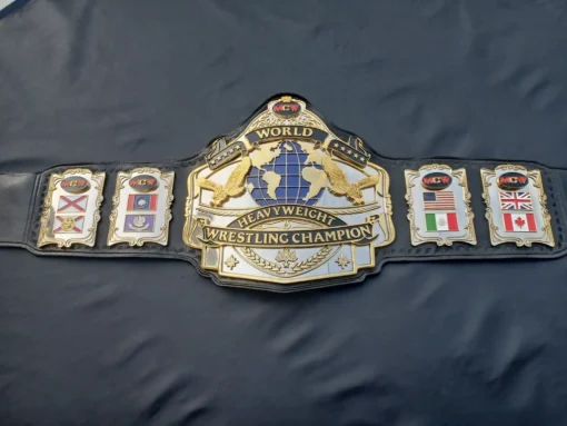 Custom heavyweight wrestling belt made with a high-quality black leather strap