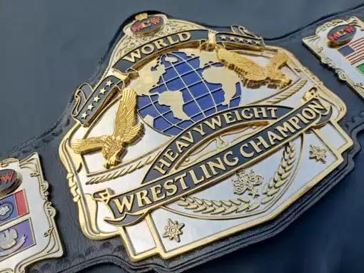 Unique wrestling belt featuring a globe design, international flags